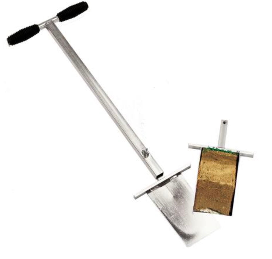 BMS Soil Profile Sampler with T-handle and removable blade showing a soil profile