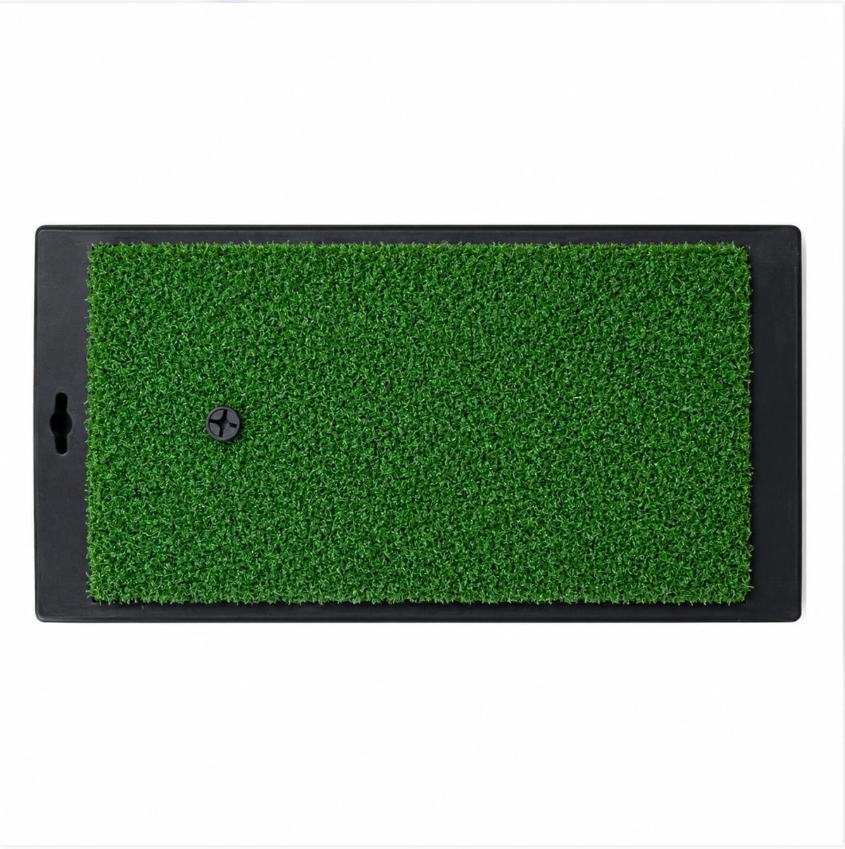 Golf fairway mat with rubber base and black cross tee peg, top view