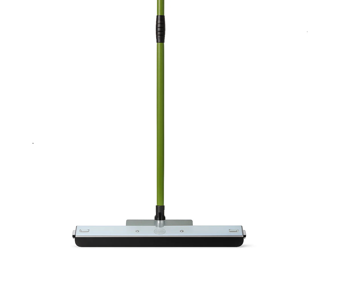 Roller squeegee with a wide aluminium head, black rubber blade and green pole, on a white background