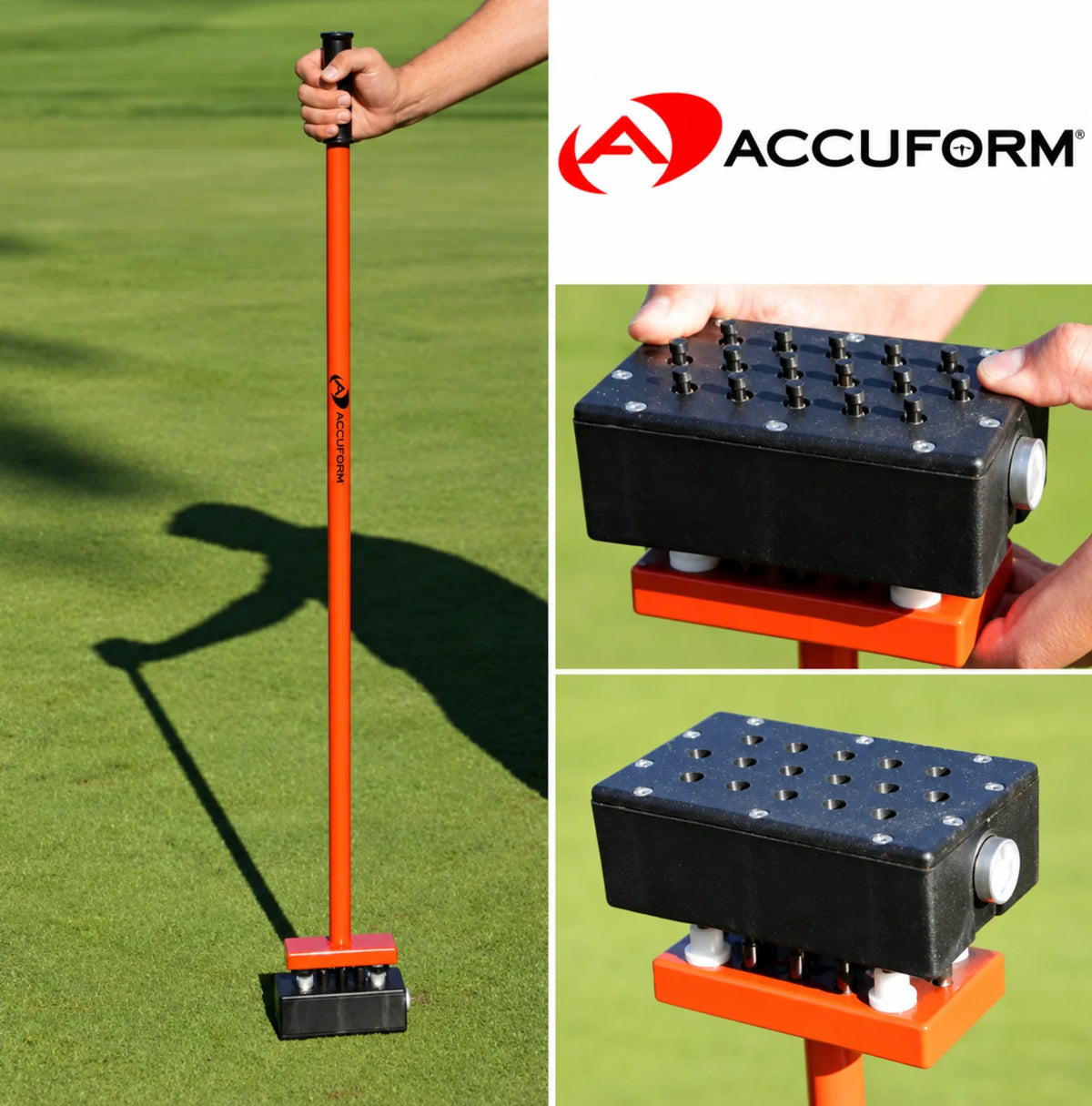 AccuSeed in use on a green with its orange handle, plus two close-ups of the black spiked seeding head