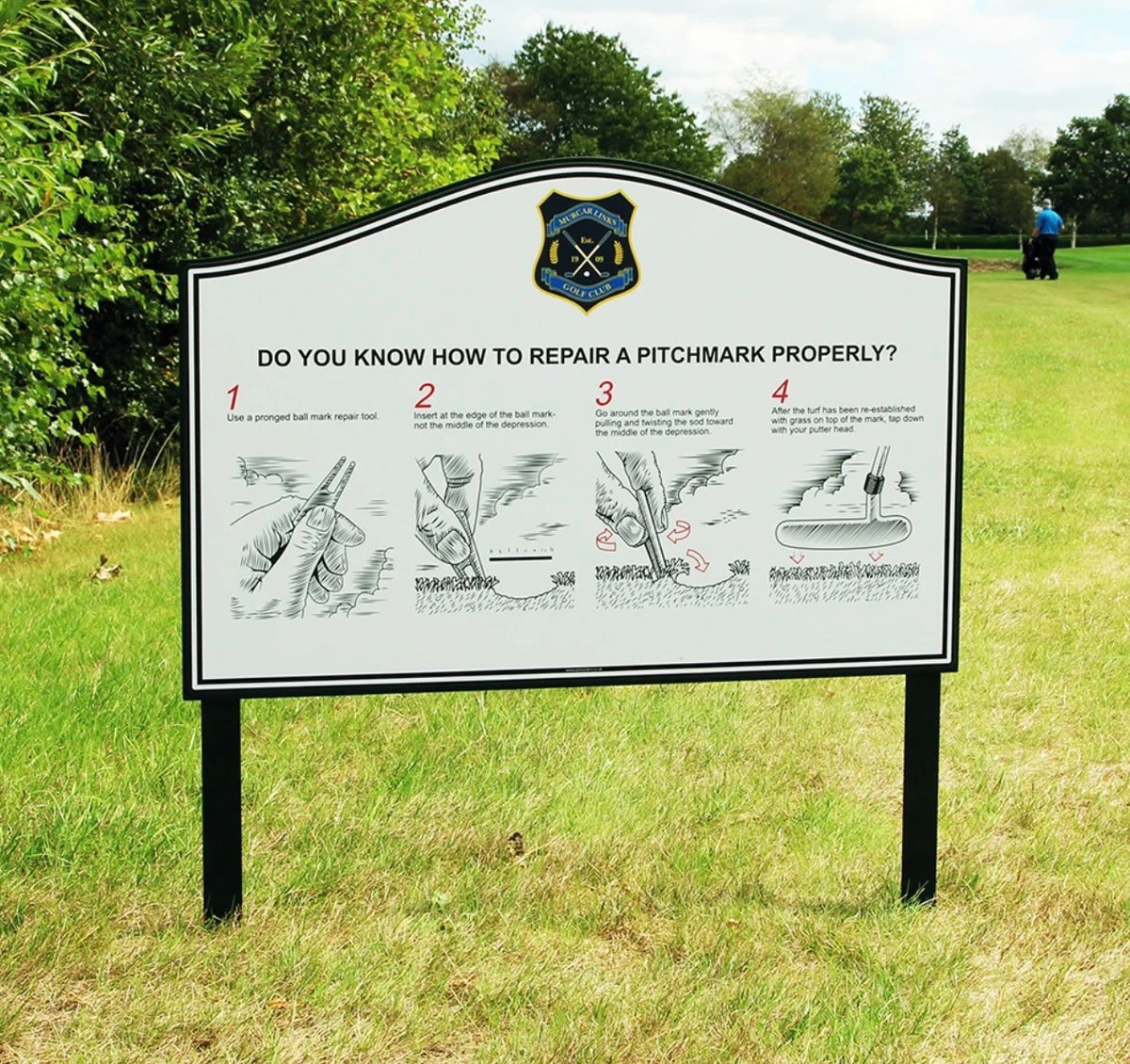 Large aluminium golf course etiquette sign with step-by-step pitch mark repair instructions and club crest, 800mm x 595mm