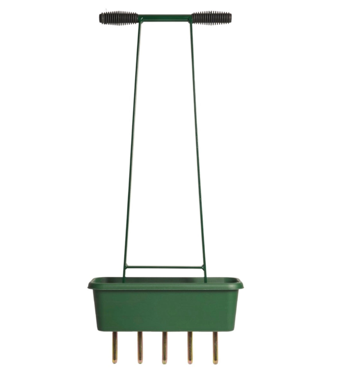 Front view of the BMS 5 Tine Aeration Corer Collector showing the five hollow tines