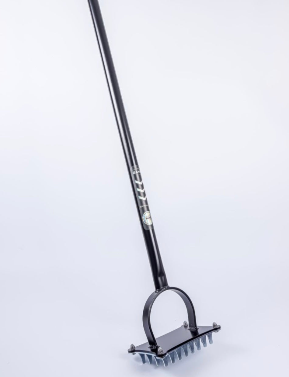 BMS Static Seed Slotter hand overseeding tool with black 4ft handle