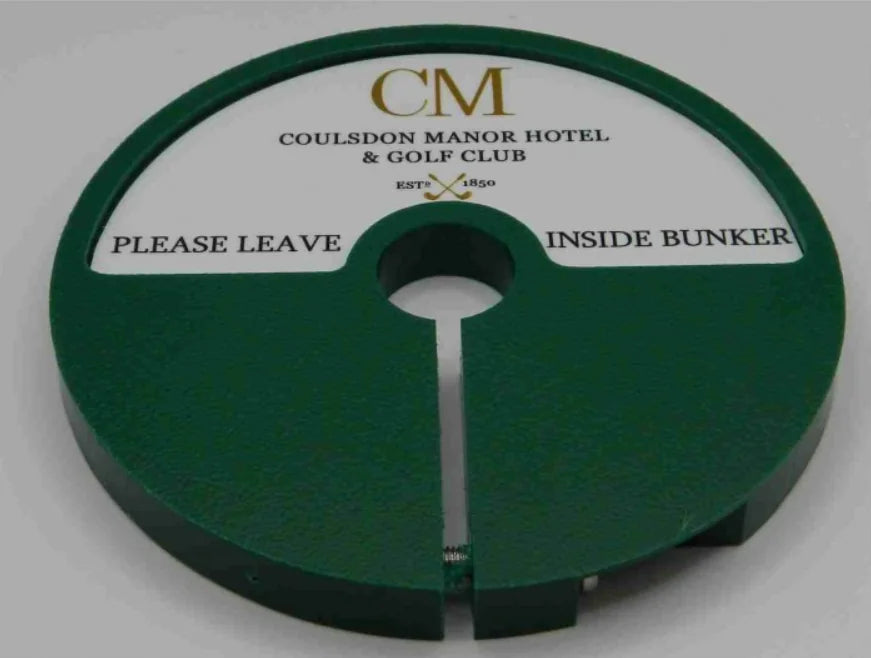 Green bunker rake rest disc with a printed club logo and please leave inside bunker wording