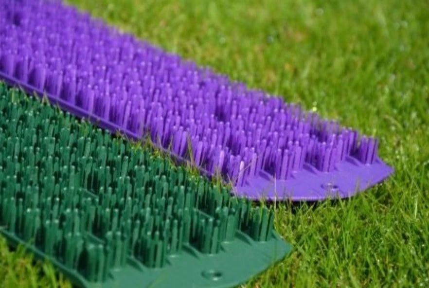 Close up of green and purple golf fairway mats on turf