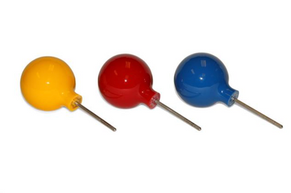 Yellow, red and blue Fore-Ever tee markers with necks and stainless steel spikes