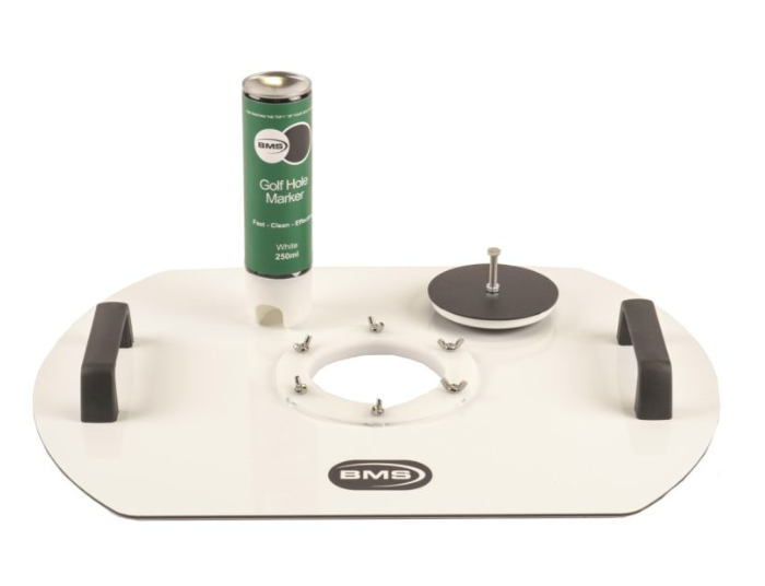 Hole painting stencil kit with a white oval plate, two black handles, a centre cut-out and a bottle of marker paint