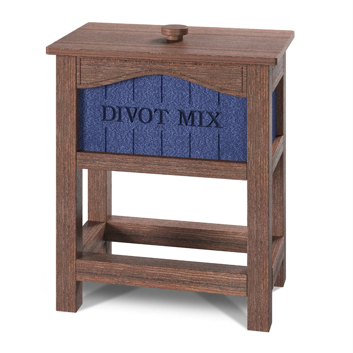 Backsaver divot box in walnut wood effect with a blue panel, on longer legs