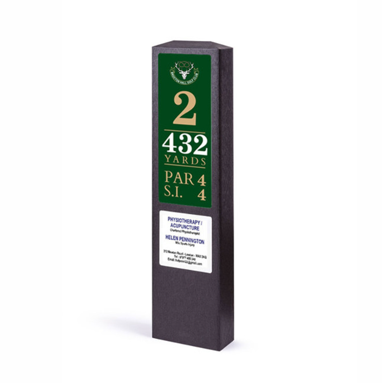Black single post tee sign with sponsor panel for course sponsors