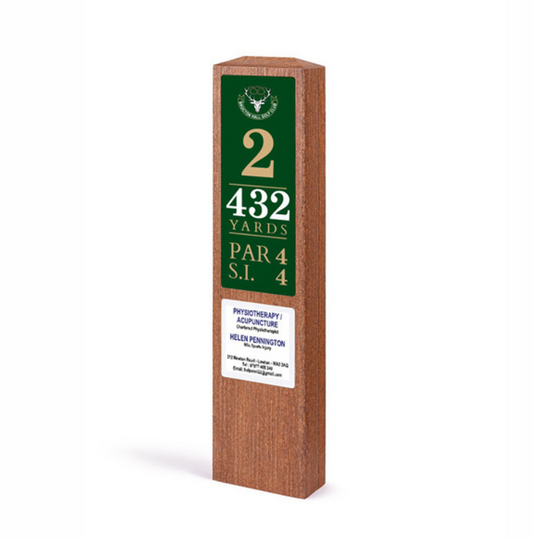 Single post golf tee sign with sponsor panel in a light oak wood effect finish