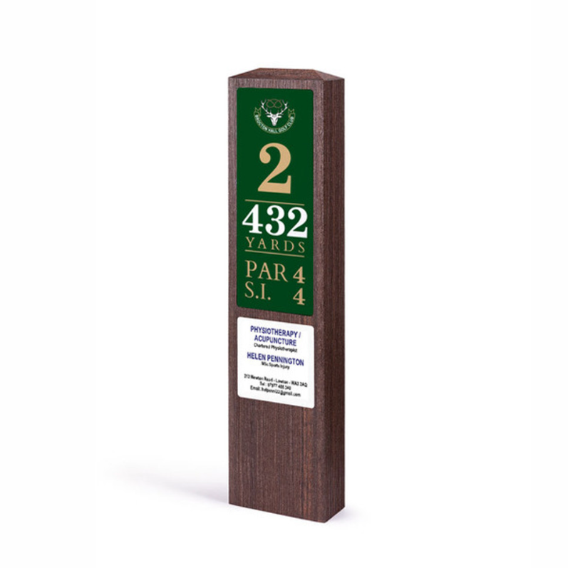 Single post golf tee sign with sponsor panel in a walnut wood effect finish