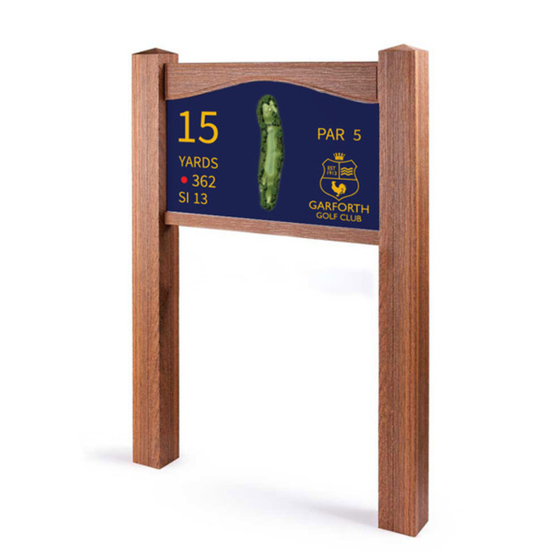 Twin post golf tee sign with flat top and no sponsor panel in a wood effect finish