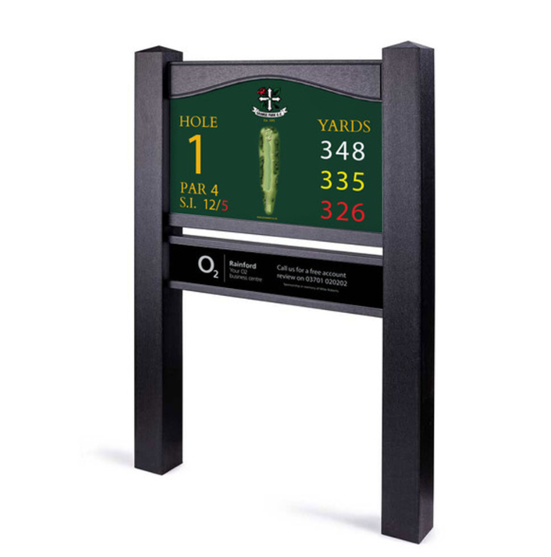 Black twin post tee sign with flat top and sponsor panel showing hole yardages