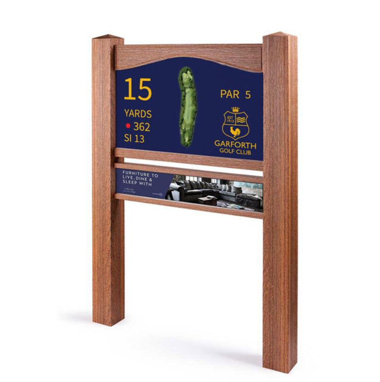 Twin post golf tee sign with flat top and sponsor panel in a wood effect finish