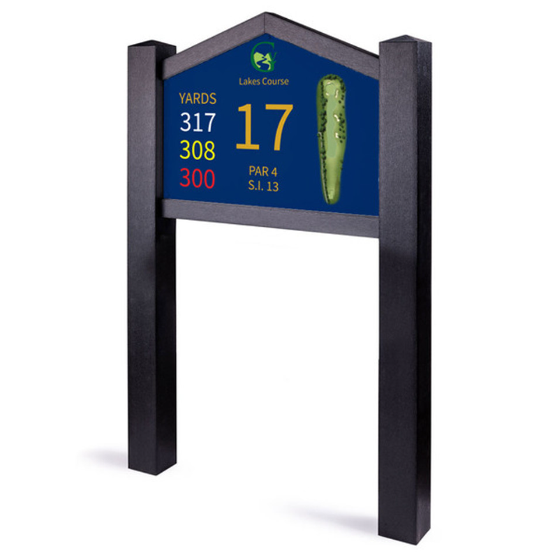 Black twin post tee sign with peak top and no sponsor panel