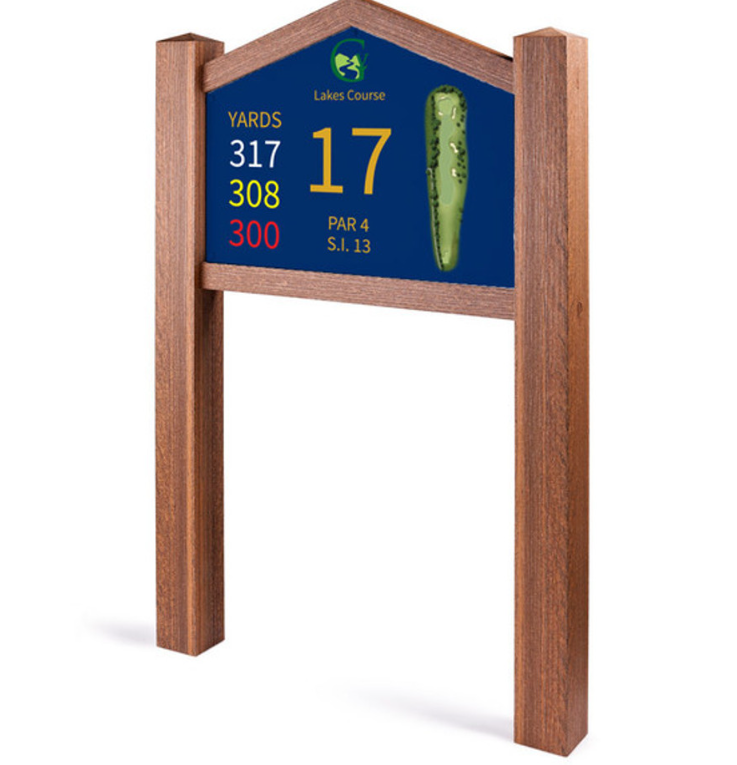 Twin post golf tee sign with peak top and no sponsor panel in a wood effect finish