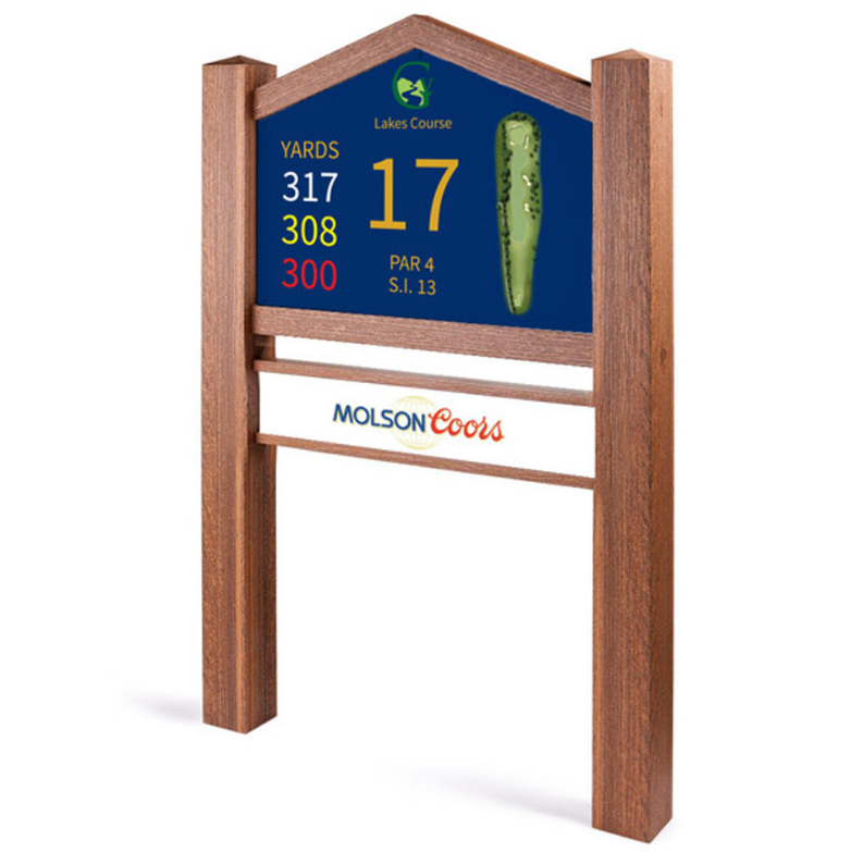 Twin post golf tee sign with peak top and sponsor panel in a walnut wood effect finish