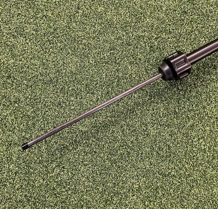 Ultimate Dew Removing Switch, close-up of the slim dark tip and black knuckle head fitting on short turf