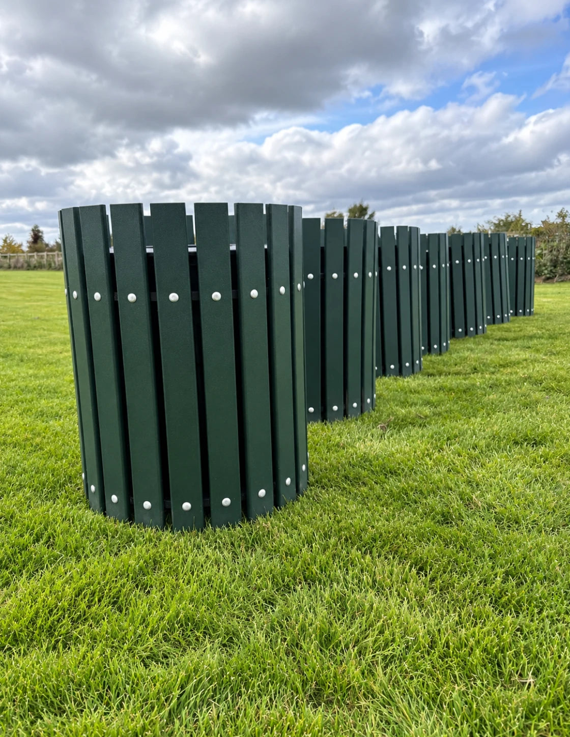 Hunter Green slatted recycled plastic trash container with rivet detail