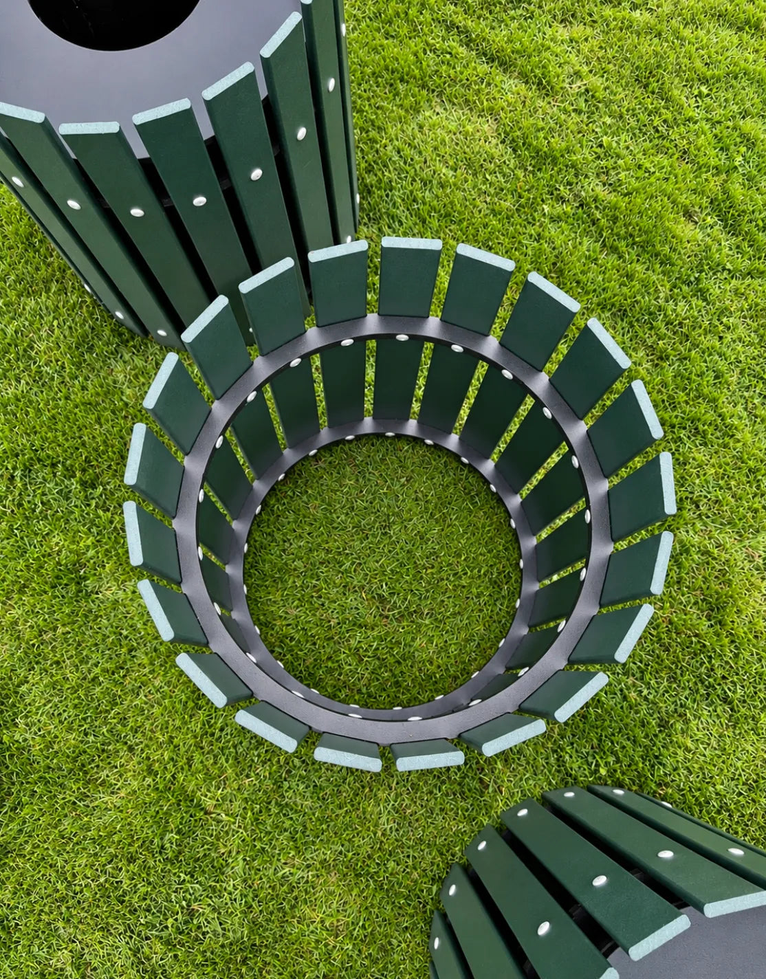 Top view of a Hunter Green Par Aide round trash container frame