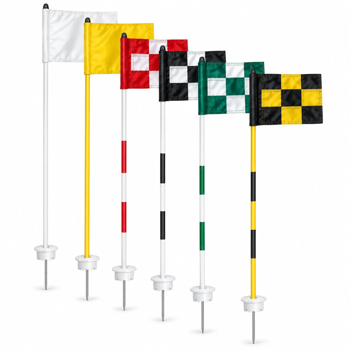 Par Aide Cupless Jr. flagstick marker flag sets in white, yellow, red, black, green and black and yellow
