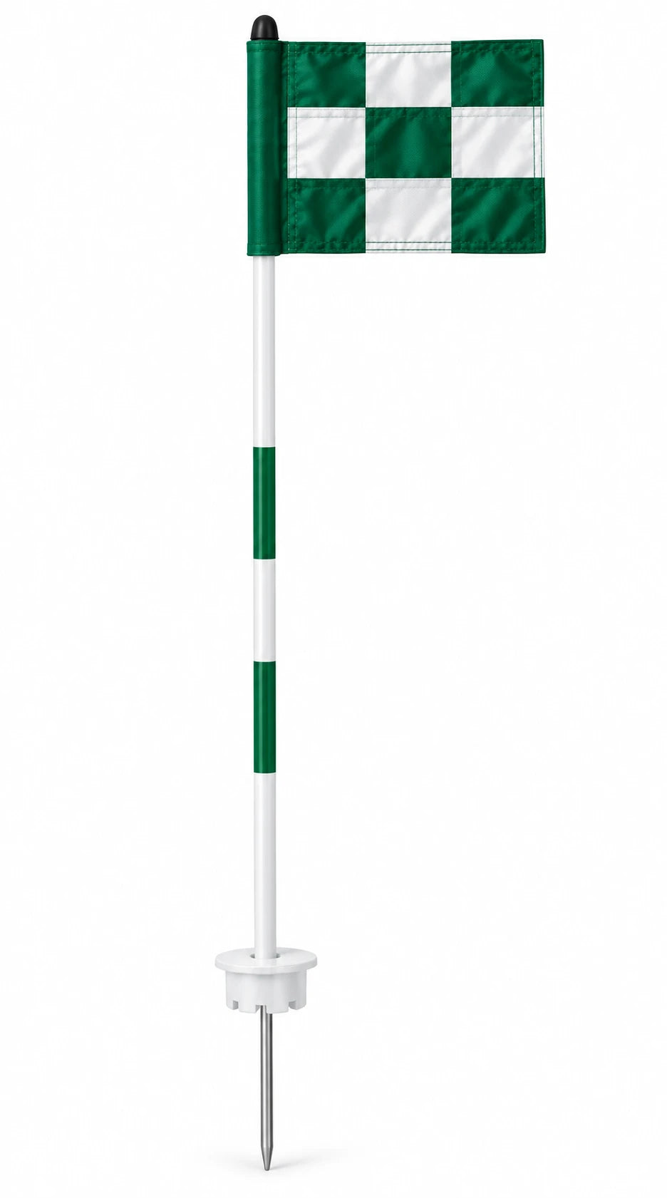 Cupless Jr. flagstick with green and white checkered practice green flag