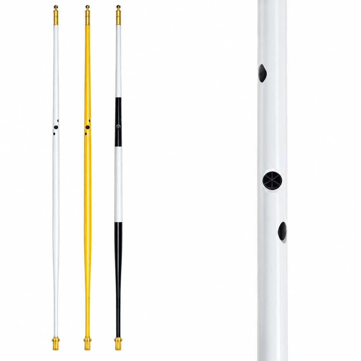 Par Aide Prism Pin rangefinder golf flag pins in white, yellow and black with a close-up of the glass prisms