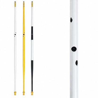 Par Aide Prism Pin rangefinder golf flag pins in white, yellow and black with a close-up of the glass prisms